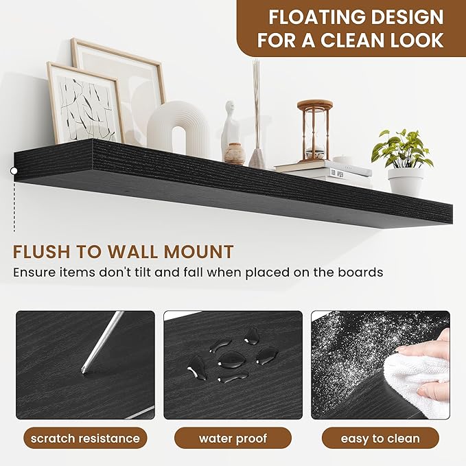 fuqing Floating Shelves for Wall, Bathroom Shelf Wall Mounted for Storage, Shelves with Invisible Bracket for Bedroom, Kitchen, Living Room, Farmhouse Small Book Shelf, 48 Inch Set of 2, Black
