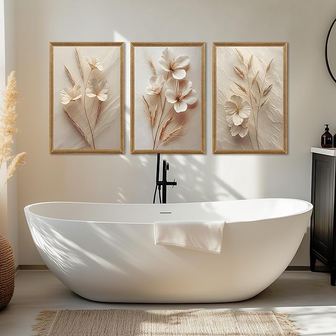 arfitest 3Pcs framed Neutral Beige Floral Canvas Wall art Modern Simple Texture Flower Plant Painting Picture Wall Decor Vintage Blossom Poster Print for Living Room Bedroom Bathroom (16x24 inches)