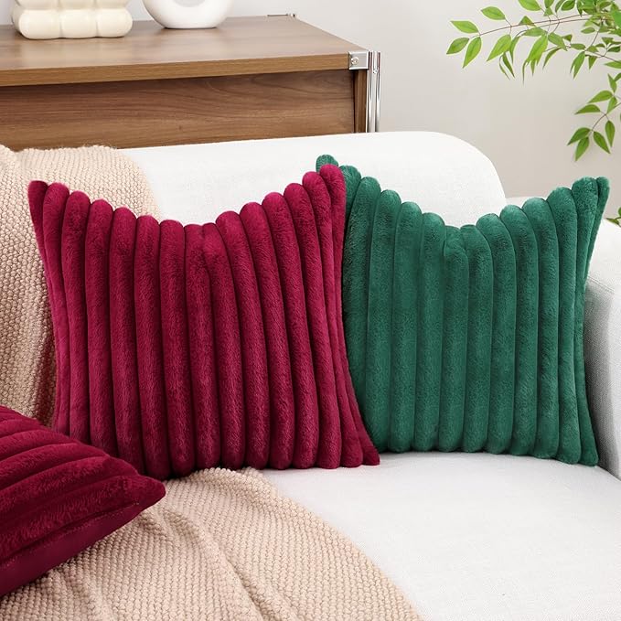 decorUhome Faux Fur Christmas Throw Pillow Covers 26x26 Set of 2, Decorative Soft Plush Striped Neutral Couch Euro Pillow Covers with Velvet Back for Sofa, Bed, Living Room Home Decor, Burgundy