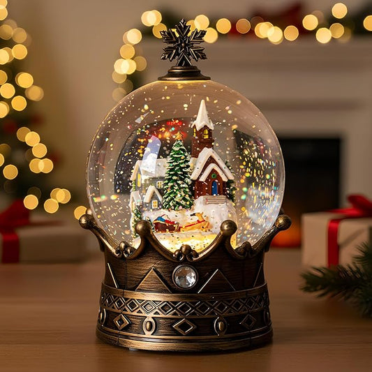 Christmas Village Snow Globe, Lighted Village Church and Santa Musical Crown Water Lantern in Swirling Glitter, Christmas Home Decoration and Gift, Battery Operated or USB Powered