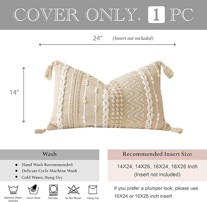 BlissBlush Decorative Lumbar Pillow Cover 14x24, Cream White Boho Accent Throw Pillow Case for Couch Sofa Bed, Modern Farmhouse Textured Lumbar Cushion Bedroom Living Room, Cover ONLY