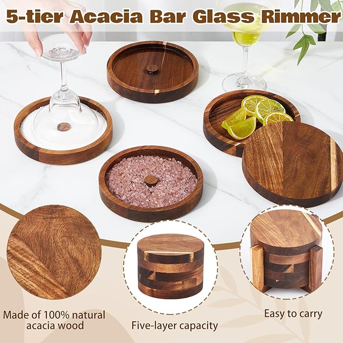 Mifoci Margarita Salt Rimmer Set Acacia Bar Rimming Station with Sponges & Quick Release Home Bar Accessories for Margarita, Cocktail Drinks, Bartender Kit, Party Supplies (5-tier)