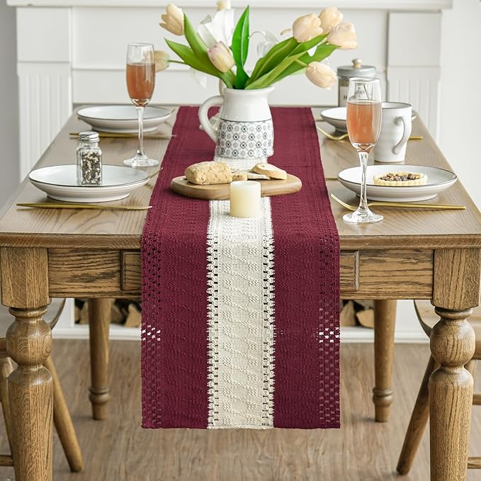 Artoid Mode Red Farmhouse Rustic Table Runner, Seasonal Hollow Kitchen Dining Table Decoration for Home Party Decor 12x108 Inch