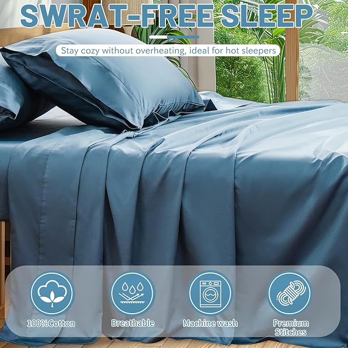 Extra Deep Pocket King Sheets 18-24 Inch 100% Egyptian Cotton 1000 Thread Count Sateen Weave Soft Breathable 4 Pieces（King，Dusty Blue）