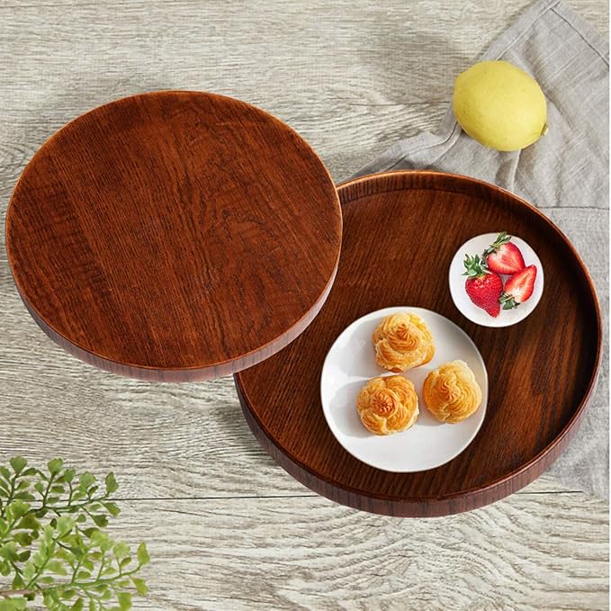 Solid Wood Serving Tray, Round Non-Slip Tea Coffee Snack Plate Food Meals Serving Tray with Raised Edges for Home Kitchen Restaurant (9.5inch, Brown)