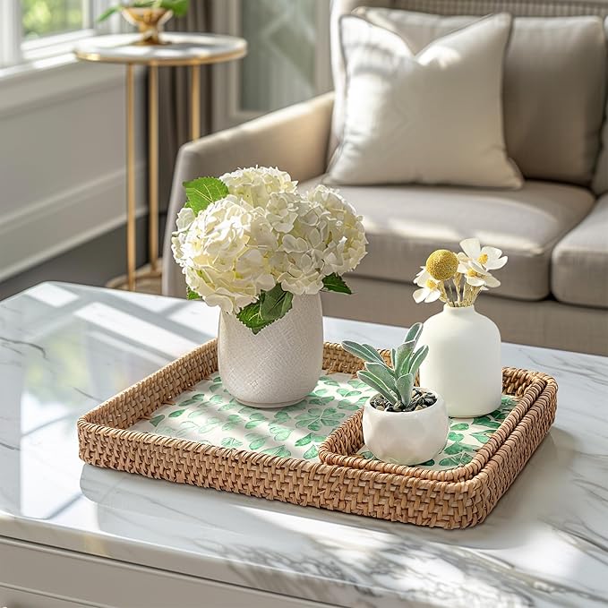 Set of 3 Rectangle Rattan Serving Trays with Mother of Pearl Inlay – Hand-Woven Wicker Trays for Coffee Table, Bathroom, Kitchen Counter or Entryway, Boho Coastal Decor, Coastal Design