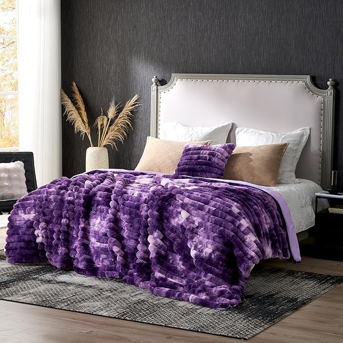 Cozy Bliss Faux Fur Throw Blanket for Couch, Cozy Warm Plush Striped Blanket for Sofa Bedroom Living Room, 90 * 90 Inches Tie-dye Purple