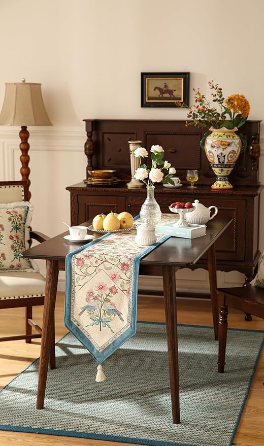 patdrea Designer French Elegant Wild Flowers Velvet Table Runner 87 Inch Long, Beige Pink Floral Pattern Table Mat, Decoration for Kitchen Dining Coffee Table Cabinet Banquet Thanksgiving,12"*87"