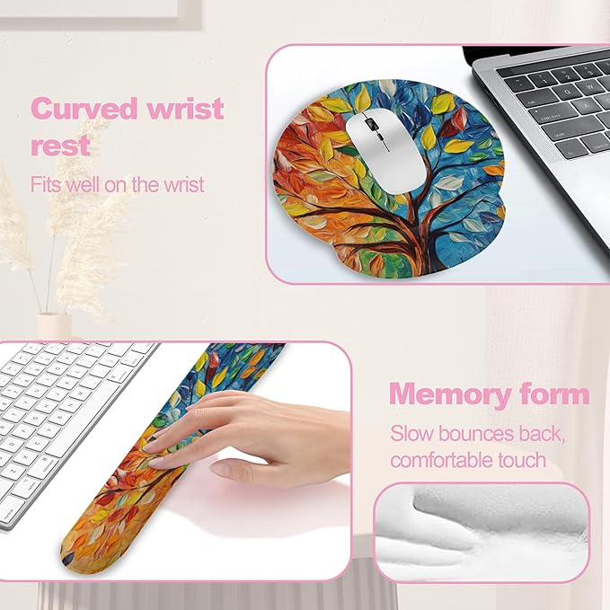 Tree of Life Mouse Pad with Wrist Rest and Keyboard Wrist Rest Set, Non-Slip Rubber Base Memory Foam Mouse Pad Set for Women, Office Desk Accessories, Gaming