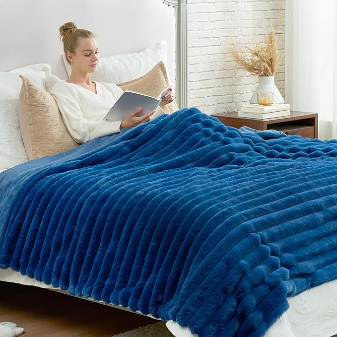 Cozy Bliss Faux Fur Throw Blanket for Couch, Cozy Warm Plush Striped Blanket for Sofa Bedroom Living Room, 108 * 90 Inches Navy Blue