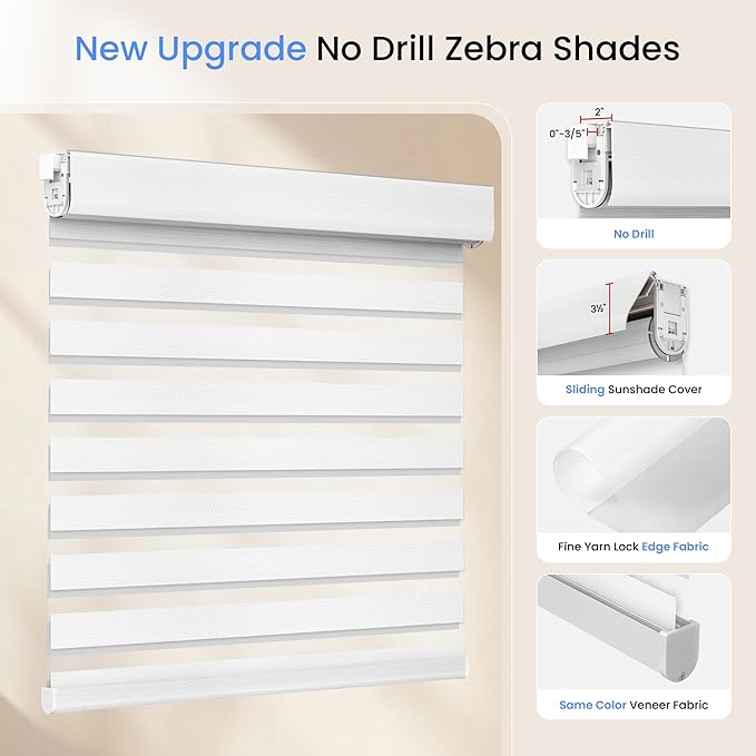 Grandekor No Drill Zebra Blinds for Windows,Cordless Zebra Shades Dual Layer, Pull Down Roller Shades Free-Stop,Custom Sizes,Textured White,Easy to Install for Home, Office, Bedroom
