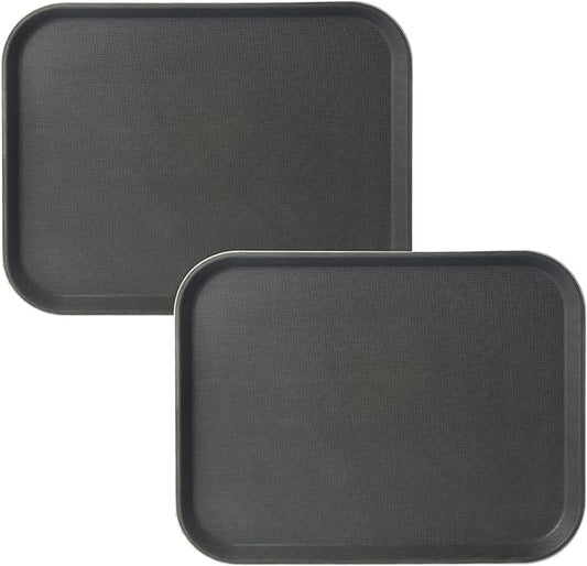 CURTA 2-Pack Restaurant Grade Non-Slip Tray, NSF, 18 Inch x 14 Inch, Plastic Rubber Lined Anti-Skid Rectangular Serving Tray, Black