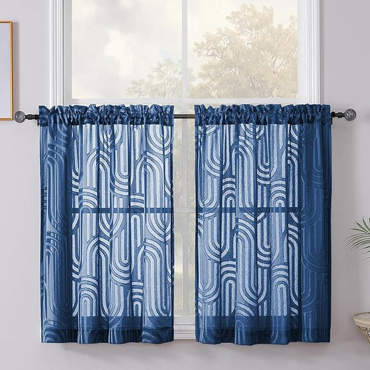 Simplebrand Sheer Dusty Blue Curtains, Kitchen & Bathroom, 42W x 36L Inches, 2 Panels Set, Modern Rod Pocket, Semi-Sheer, Geometric Jacquard
