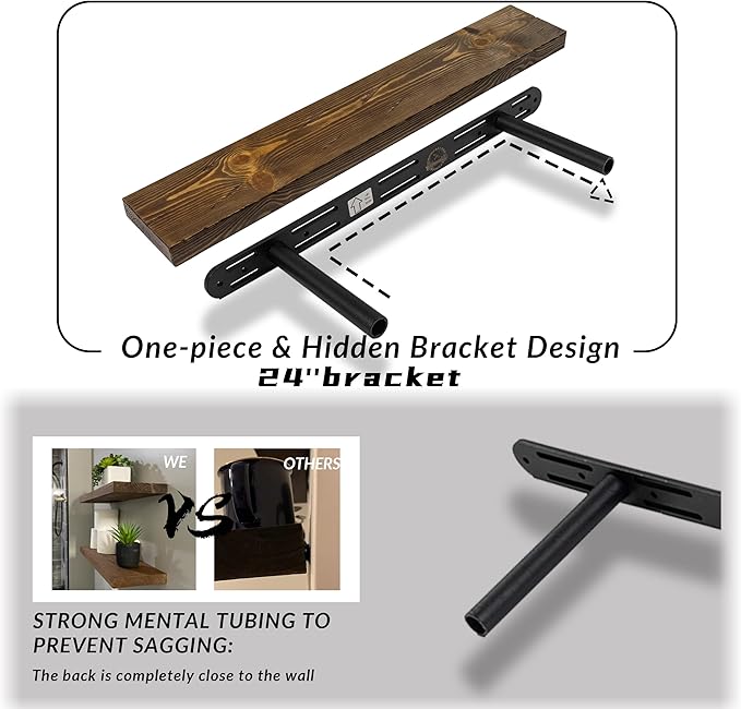 Distressed Floating Shelves 24 inch Long Set of 2,8 inch deep Solid Wood Wall Mounted Shelves for Living Room Kitchen,Book Shelf for Wall with Hidden Bracket- Distressed Black Walnut