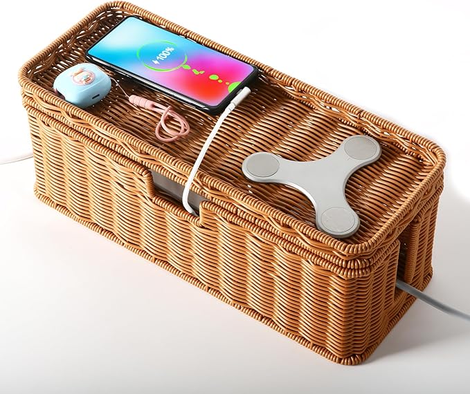 Handmade Cable Management Box, Rattan Cord Organizer Basket with Border Bar Lid, 3 Open Slots Cords Hider Box, Desk Organizer for TV Wires Computer Router USB Hub & Power Strip (Natural)