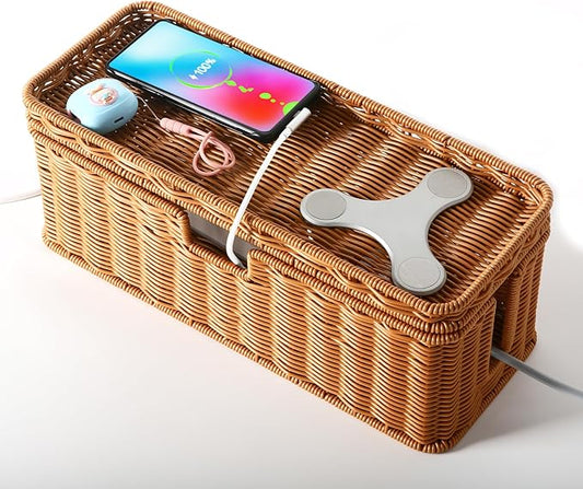 Handmade Cable Management Box, Rattan Cord Organizer Basket with Border Bar Lid, 3 Open Slots Cords Hider Box, Desk Organizer for TV Wires Computer Router USB Hub & Power Strip (Natural)