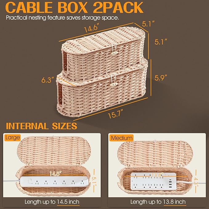 FairyHaus Cable Management Box 2Pack Cream, Handwoven Large and Small Cable Organizer Box Cover to Hide Cords and Power Strip, Imitation Wicker Cord Organizer Box Hider for Office Desk and Floor