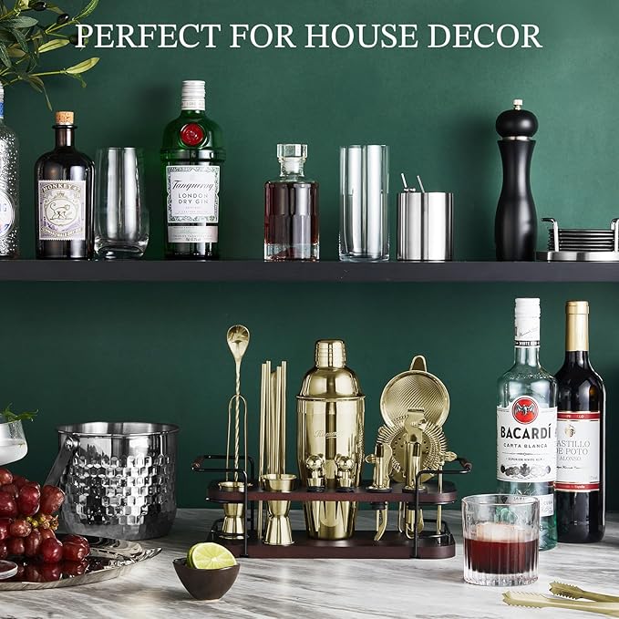 KITESSENSU Cocktail Shaker Set Bartender Kit with Stand | Complete 24-Piece Bar Set Cocktail Kit with All Bar Accessories, Gold