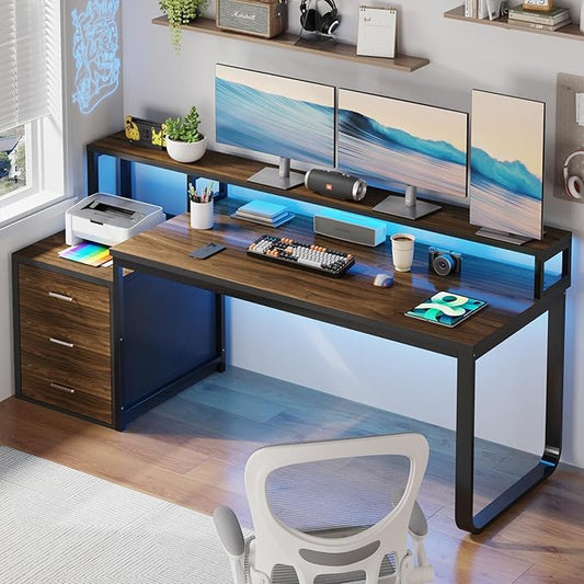 HOMBCK 67" Computer Desk with 3 Drawers, Home Office Desk with Long Monitor Stand and Printer Space, Office Desk with Storage & LED Lights, Writing Desk with Drawers, Black and Walnut