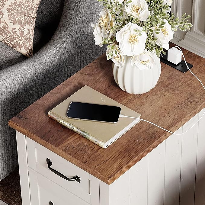 WAMPAT White End Table with Charging Station, Wood Side Table with 1 Drawer &1 Storage Cabinet, Mid Century Modern Nightstand with Power Outlets & USB Ports for Living Room, Bedroom