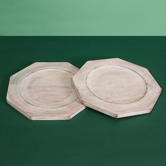 Alpha Living Home 2 Piece Handcrafted Wooden Plate - 13" Round Wood Dish, Party Platter and Tray for Sandwich Bread Serving, Appetizer Display, Vintage Ring Dish (White)