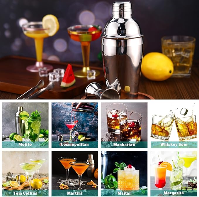 8 Packs Cocktail Shaker Set Martini Shaker Bulk Stainless Steel Martini Mixer with Strainer and Double Measuring Jigger for Bar Party Home Use Wine Bar Mixing Tool (18 Oz/ 550 ml)