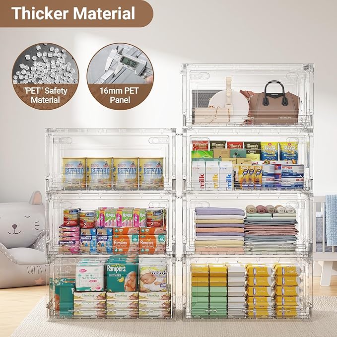 BROVIEW Clear Stackable Storage Bins Drawers, 400Qt Open Front Large Plastic Storage Bins with Lids and Wheels, Foldable Closet Organizers and Storage for Wardrobe Cabinets, Pantry, Makeup,5 Pack