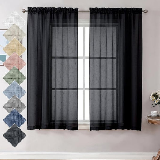 Aiyufeng Faux Black Sheer Curtains 54 Inch Length 2 Panel Set, Fresh Farmhouse 54 Inch Long Sheer Linen Look Airy & Lightweight Elegant Window Treatments for Bedroom/Kitchen, 30Wx54L inch