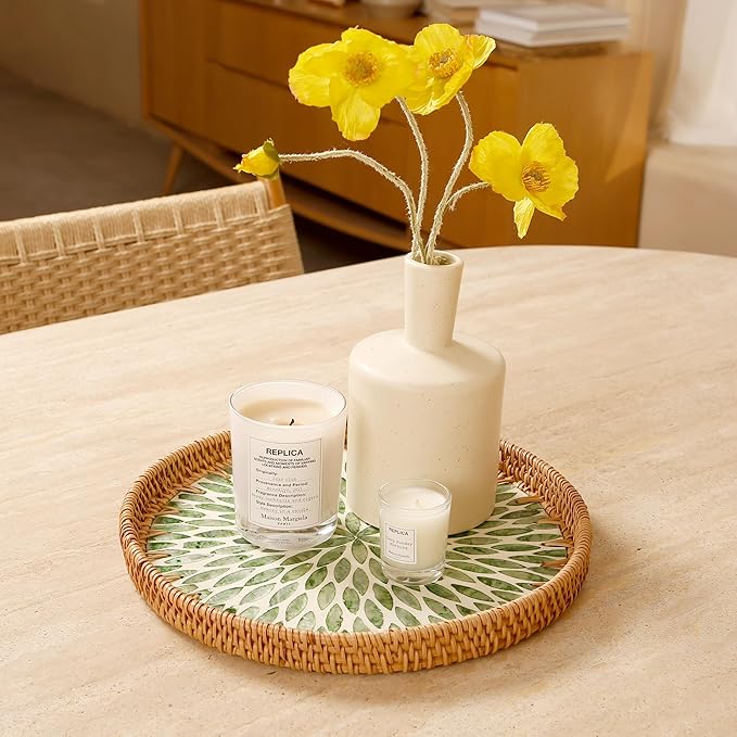 Round Rattan Tray with Mother of Pearl Inlay & Wooden Base - Decorative Wicker Serving Tray for Coffee/Bread/Fruits, Food Storage & Display - Multipurpose Home Decor (L,Green Leaves)