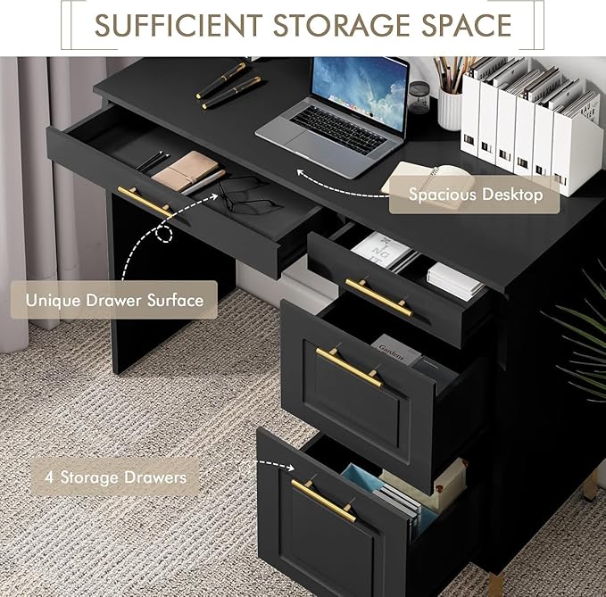 4 EVER WINNER Computer Desk with Drawers, 43 Inch Small Desk with Storage Shelves, Home Office Desk with Drawers for Small Space, Black