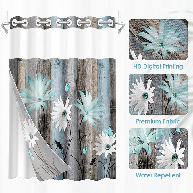 No Hook Rustic Farmhouse Shower Curtain with Snap in Fabric Liner Set, Teal Daisy Flowers and Butterfly on Wooden Double Layers Waterproof with See Through Top Bath Curtain 54x80 Inch