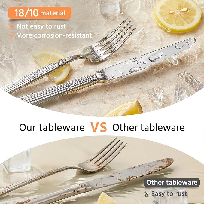 KINGSTONE Silverware Set, 40-Piece 18/10 Stainless Steel Flatware Set - Roman Column Embossed Thick Handle, for Wedding, Home, Restaurant, Kitchen and Party, Mirror Polish & Dishwasher Safe