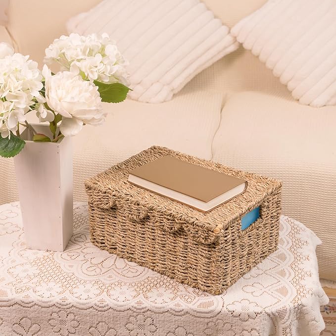 KOKODO Set of 2 Scalloped Wicker Baskets – Handwoven Rectangular Seagrass Storage Baskets with Lid and Handles for Organizing, Bathroom, Living Room & Shelf Décor – Decorative Rattan Organizing Bins