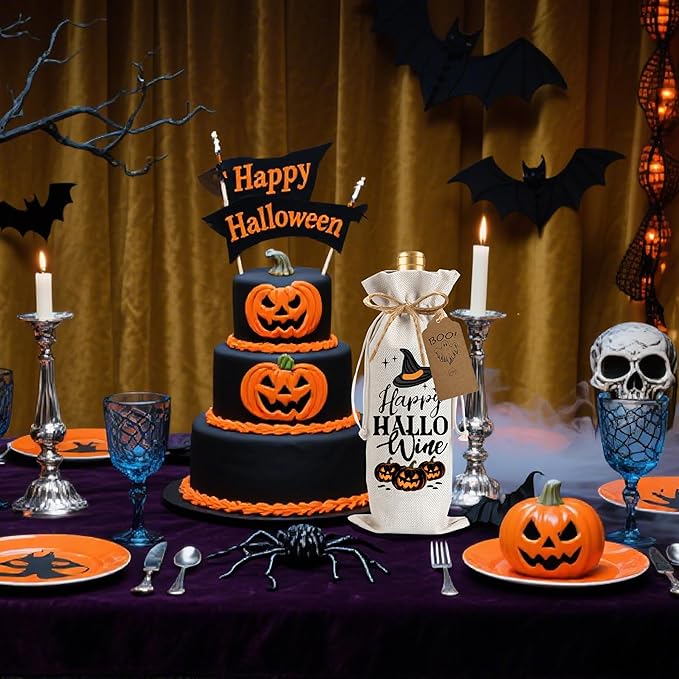 1Pcs Happy Hallo Gifts Wine Bag,Halloween Wine Bag Happy Hallo wine Halloween Gifts Party Decorations for Women Men with 1Pcs Kraft Blessing Cards and natural jute rope