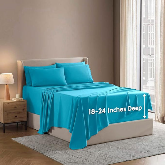 Nestl Extra Deep Split King Sheet Set - 7 Piece Breathable & Cooling Sheets - Hotel Luxury Bedding Set w/18-24 Inch Deep Pockets - Easy & Secure Fit - Super Soft, Wrinkle Free & Comfy - Bright Blue
