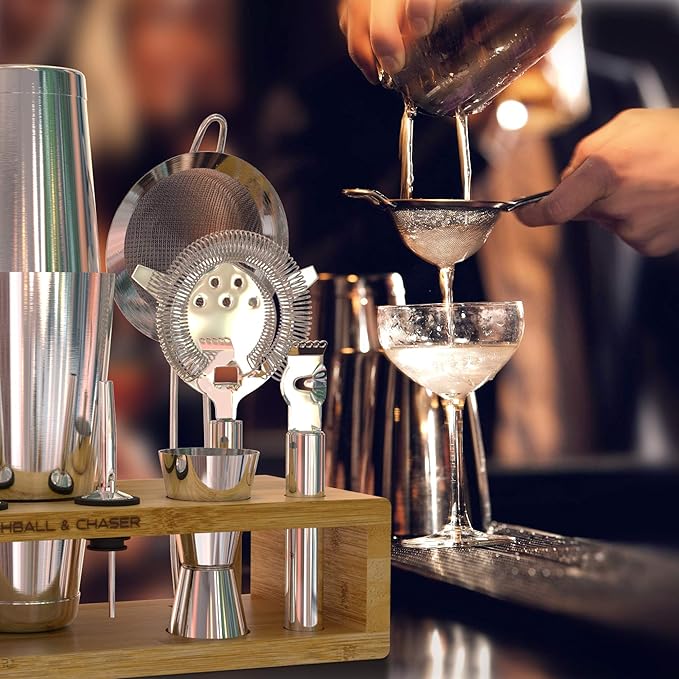 Highball & Chaser 13-Piece Boston Cocktail Shaker Set Stainless Steel Mixology Bartender Kit With Stand For Home Bar Cocktail Set | Laser Engraved Cocktail Tools | Plus E-Book with 30 Cocktail Recipes