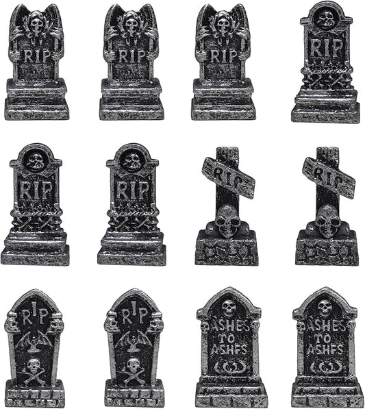 12PCS Mini Tombstones for Halloween Decoration, Resin Miniature Gravestones for Terrarium, Mini Headstones, Small Graveyard Set, Gothic Cemetery Figurines for Haunted House, Tabletop Displays