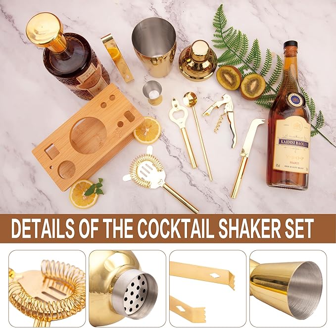9Pcs-Cocktail Shaker Set Bartending Kit Cocktail Bar Set Cocktail Mix Drink Making Kit Professional Bar and Home Drink Bar Tools for Bartender (Gold, 9Pcs)