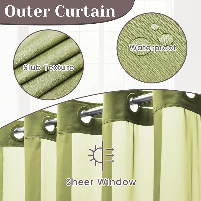 No Hook Slub Textured Shower Curtain with Snap in Liner - Olive Fabric Outer Curtain & Waterproof Inner Liner, Hotel Style with See Through Top Window, 71x74 in
