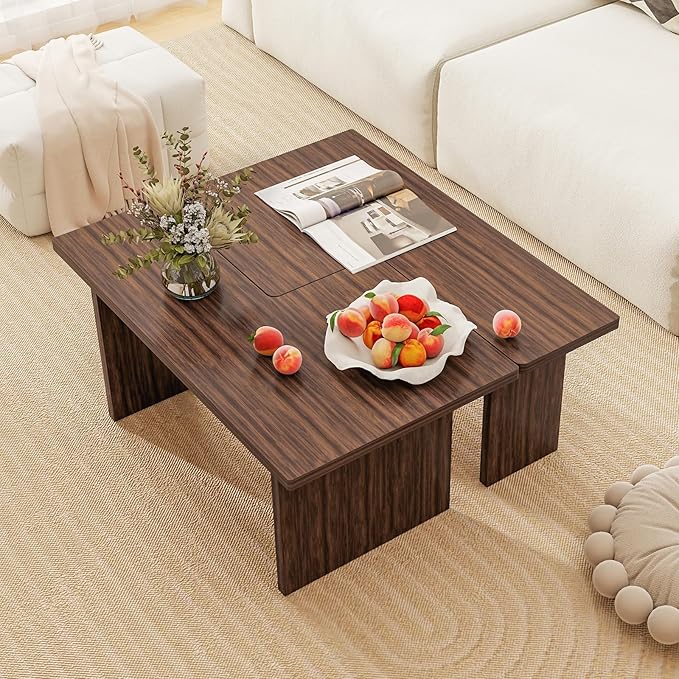 Giantex L-Shaped Coffee Table Set of 2, Modular Nesting Center Table with Grain Finish, Mid Century Modern Living Room Tables for Small Spaces Apartment (Walnut)