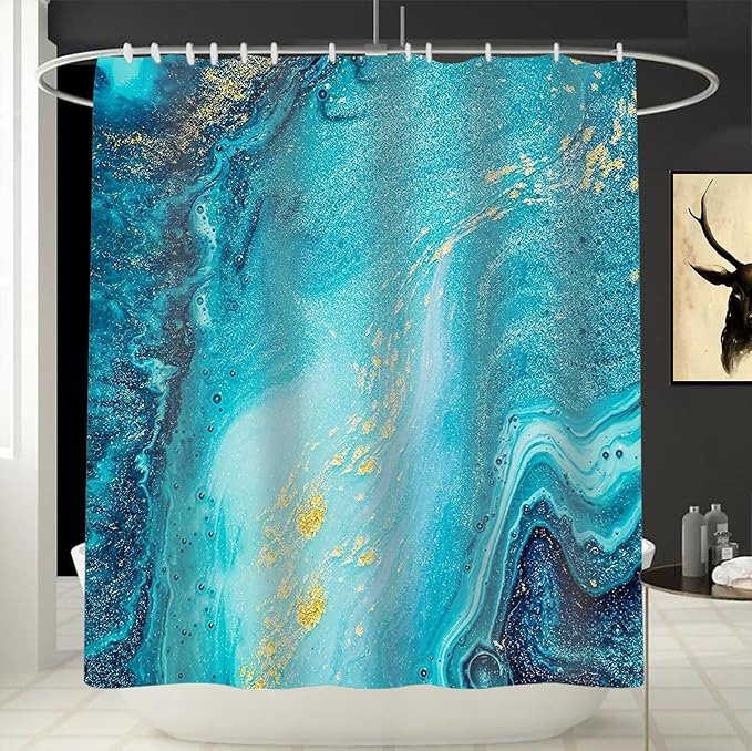 Domoku Blue Gold Marble Shower Curtain,Blue Golden Cracked Lines Abstract Modern Shower Curtain for Bathroom Decor,Waterproof Texture Washable Fabric Shower Curtain,72 X 78