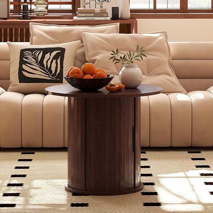 Round Wood Coffee Table 23.6IN with Hidden Storage & Sliding Door, Circle Farmhouse Side Table Sets for Living Room, Bedroom, Balcony, Small Spaces, Walnut