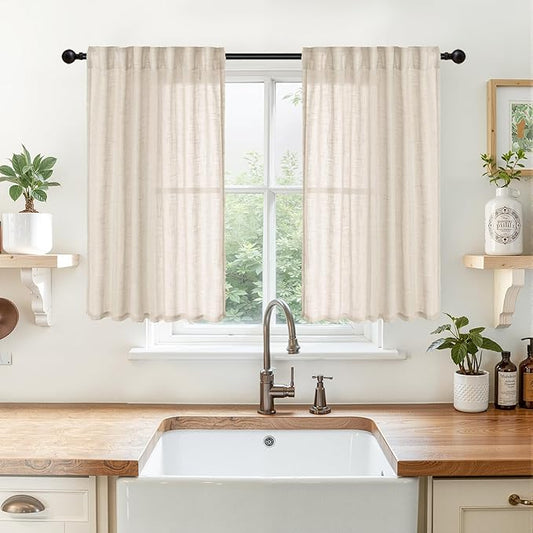 YoungsTex Oatmeal Linen Semi Sheer Curtains 40 Inch Length 2 Panels, Short Light Filtering Drapes Natural Textured with Rod Pocket Back Tab for Cafe Bathroom Window, 42 X 40 Inch