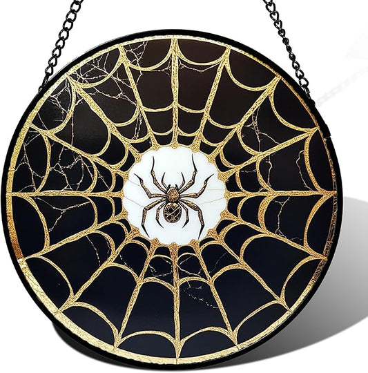 Stained Glass Window Hanging - Black Gold Spider Suncatcher for Door Terrace Garden Home Decor Halloween Sun Catcher Christmas Birthday Gifts for Lovers Women Men Dad Mom Nana 9.8 in