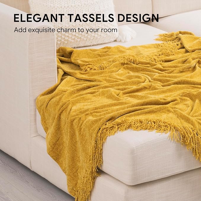 RECYCO Throw Blanket Soft Cozy Chenille Throw Blanket with Fringe Tassel for Couch Sofa Chair Bed Living Room Gift (Mustard Yellow, 50'' x 60'')