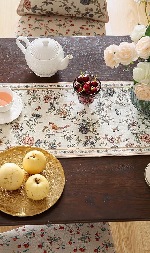 ISAENNE Designer Linen Table Runner 71 Inches Long,Elegant Floral Bird Pattern Table Runners for Dining Room,Farmhouse Rustic Kitchen Decor,Thanksgiving,Christmas,12"*71"-Cornucopia