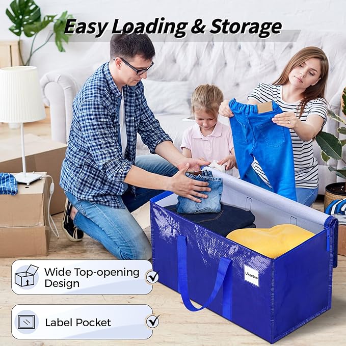 8 Pack Extra Large Heavy Duty Moving Bags, Blue Storage Bins with Lids, Reinforced Handles & Heavy-Duty Zippers Moving Boxes Storage Bags Totes for Clothes Packing, Dorms, College Supplies, Blue