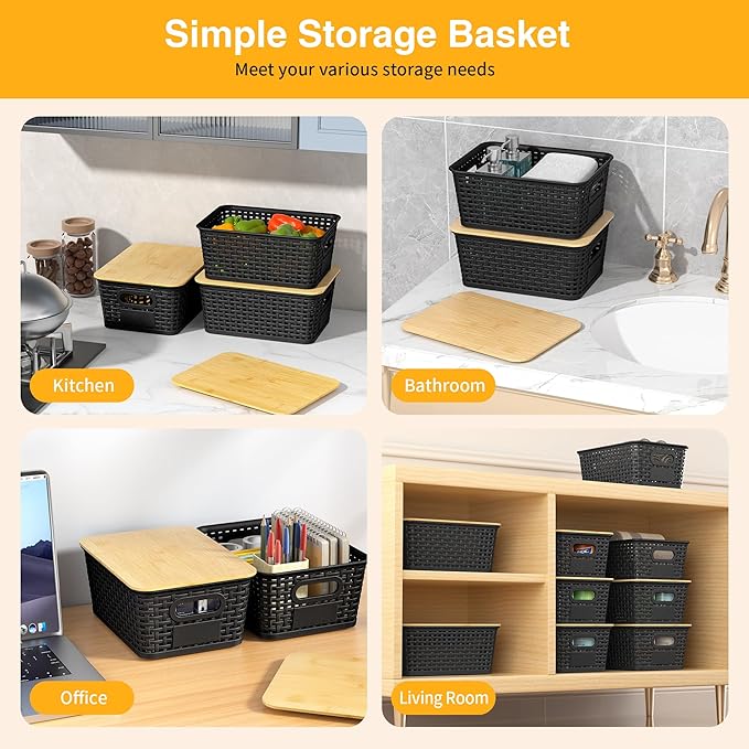 6 Pieces Black Plastic Storage Baskets with Bamboo Lids with Labels Stackable Storage Containers for Organizing Shelves Drawers Desktop Closets Playroom Classroom Office