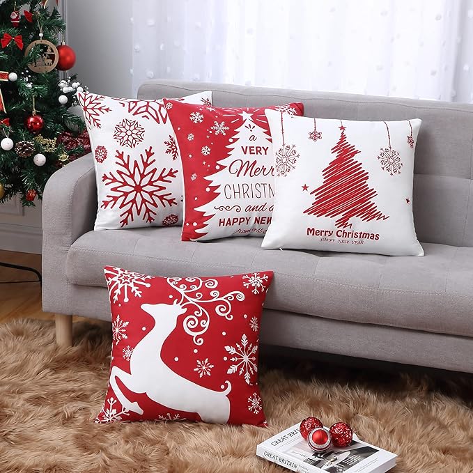 Christmas Pillow Covers 20x20 Set of 4 Farmhouse Christmas Tree Throw Pillow Case Snowflake Reindeer Decoration for Winter Holiday Decor Throw Cushion Case for Home Sofa Couch, Red and White
