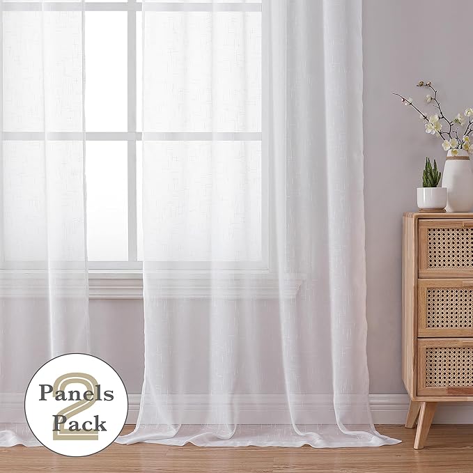 Aiyufeng White Sheer Curtains 72 inches Long 2 Panels, Fresh Textured Semi Sheer White Curtains Linen Breathable Elegant Door Curtains & Drapes for Farmhouse/Living Room/Kitchen, 40Wx72L inch